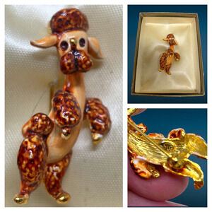 Vintage LG Brown & Gold Enamel Dancing Poodle Brooch Scatter Pin Boxed New